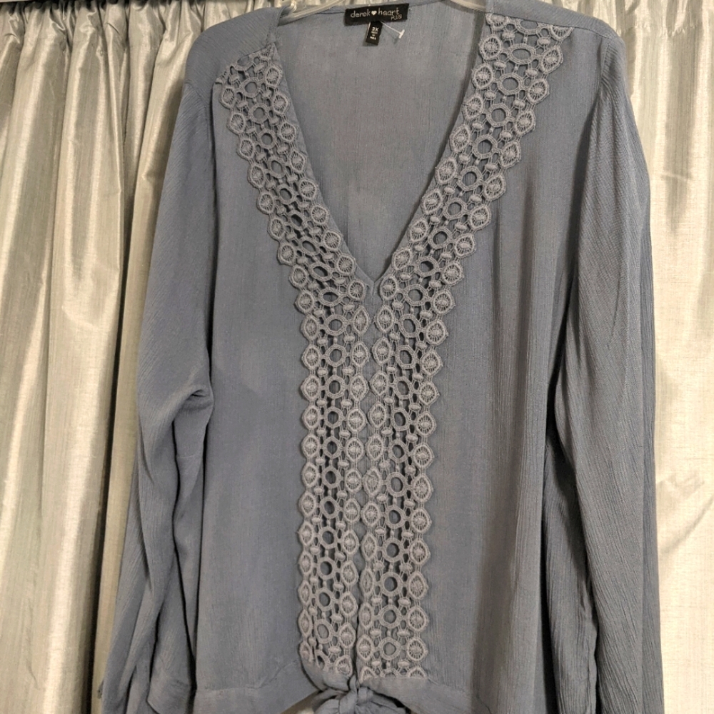 Blue blouse. NWOT. Lace detail Bell sleeves